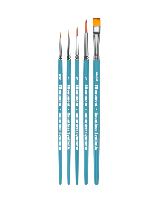 The Monument Hobbies Dauntless Synthetics Set of 5 features blue-handled brushes in assorted sizes and shapes on a white background.