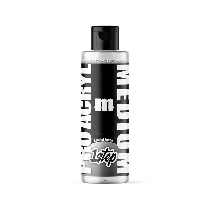 A clear plastic bottle of Monument Hobbies: Pro Acryl Paint - 1-Step (22ml) with a black cap and bold white text on a white background.