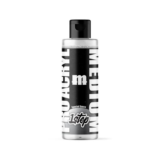 A clear plastic bottle of Monument Hobbies: Pro Acryl Paint - 1-Step (22ml) with a black cap and bold white text on a white background.
