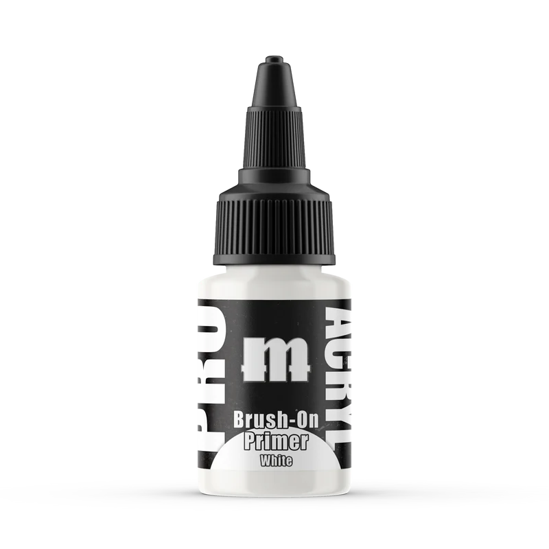 A small white 22ml bottle with a black screw cap, labeled Monument Hobbies Pro Acryl Paints: Brush on Primer - White, ideal as a hobby primer or base for miniature painting, is shown on a plain white background.