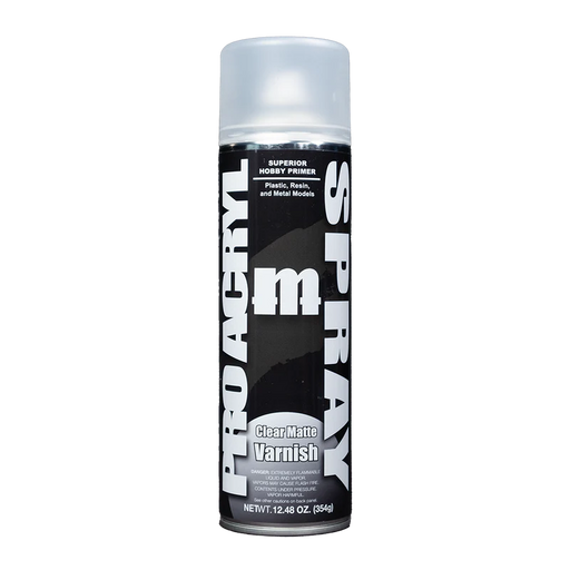 A 500ml can of Monument Hobbies Pro Acryl Paint Spray Primer with a black and silver label, bold white text, and clear cap.