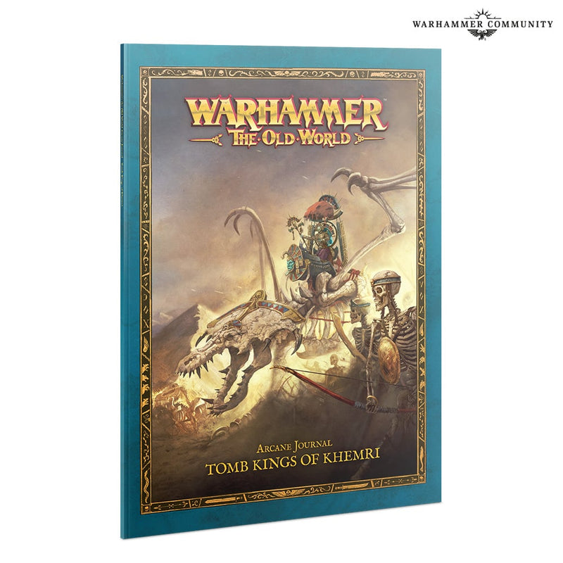 Book cover for Warhammer The Old World: Arcane Journal - Tomb Kings of Khemri, featuring a Mortuary Cult skeleton warrior mounted on a skeletal beast, with a desert landscape and ranks of skeleton soldiers in the background.