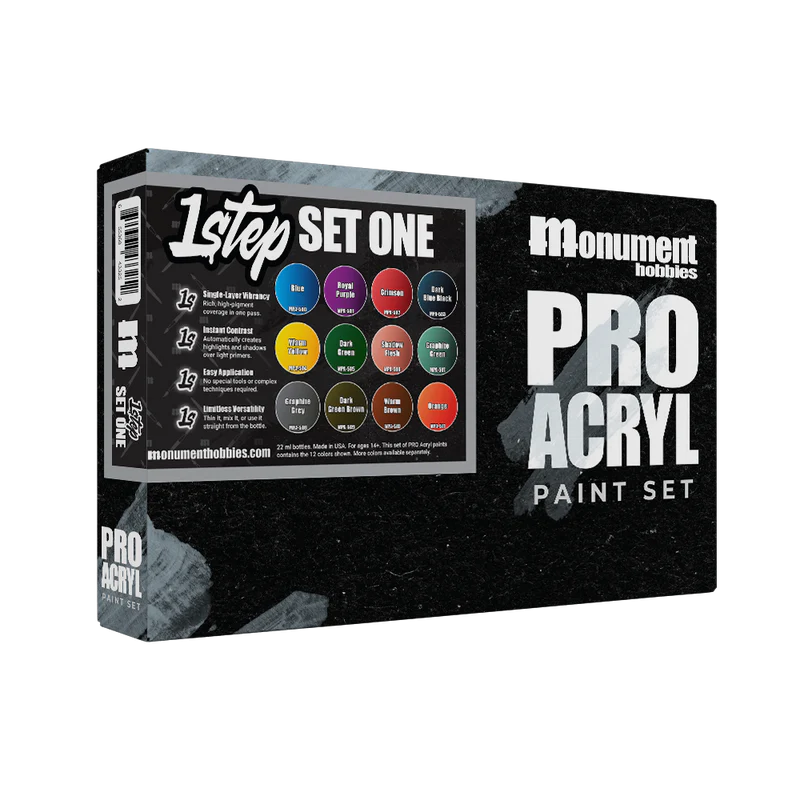 A box of Monument Hobbies Pro Acryl Paint: 1-Step Paint Set 1 displays 12 vibrant model paints with details on a black background.