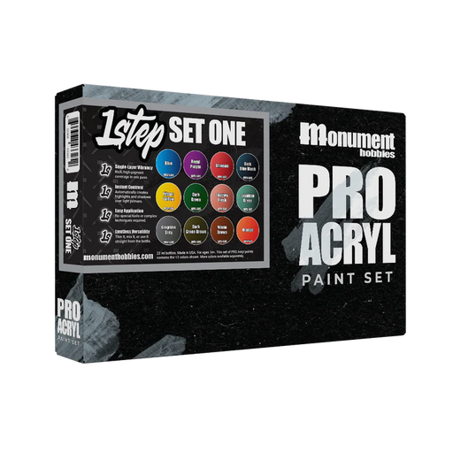 A box of Monument Hobbies Pro Acryl Paint: 1-Step Paint Set 1 displays 12 vibrant model paints with details on a black background.