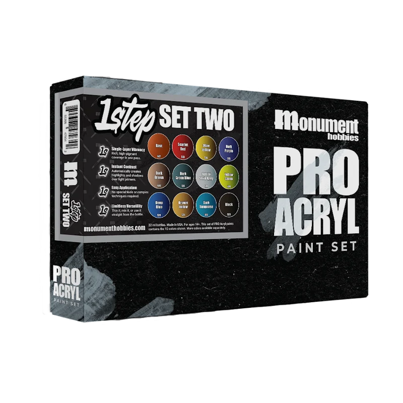 A black box labeled Monument Hobbies Pro Acryl Paint: 1-Step Paint Set 2 features 12 vibrant paint color circles with their names on the front, making it ideal for model paint enthusiasts.