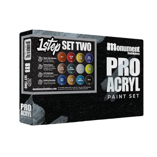 A black box labeled Monument Hobbies Pro Acryl Paint: 1-Step Paint Set 2 features 12 vibrant paint color circles with their names on the front, making it ideal for model paint enthusiasts.
