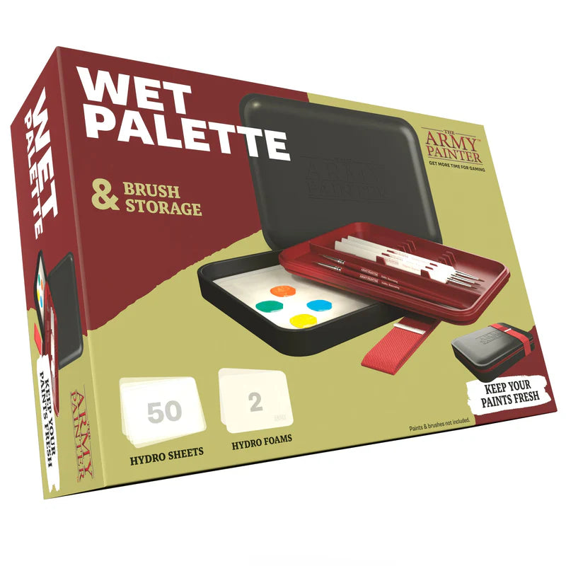 A box for Army Painter: Wet Palette, showing a palette case with paint wells, a red brush holder, and labels: “50 Hydro Sheets,” “2 Hydro Foams,” and “Keep Your Warpaints Fresh.”.