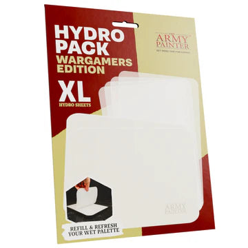The Army Painter: Wet Palette Wargamers Edition - Hydro Pack includes three translucent Hydro Sheets, with an inset image showing a sheet being placed in the Wargamer Edition Wet Palette.