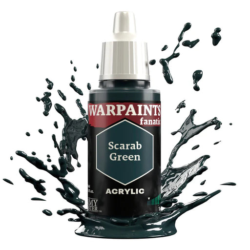 An 18ml bottle of Army Painter Warpaint Fanatic: Blues & Greens stands upright with green paint splashing at its base on white.