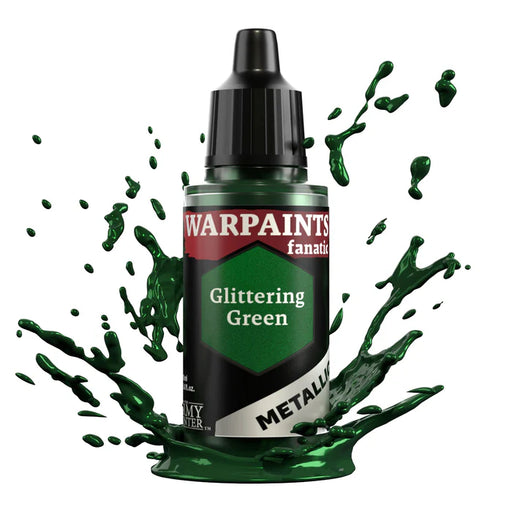 An upright bottle of Army Painter Warpaint Fanatic: Metallics (18ml) in Glittering Green with vibrant glossy green splashes on white.
