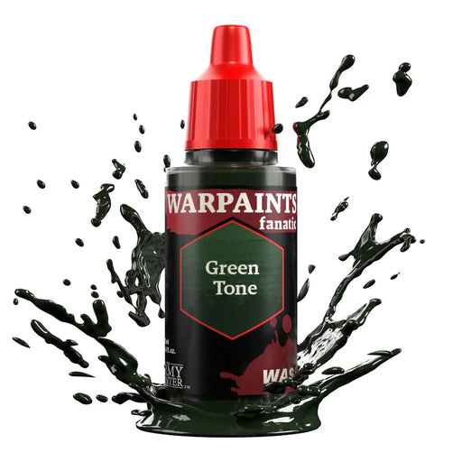 An 18ml bottle of Army Painter Warpaint Fanatic: Washes with a red cap sits amid dark green paint splashes on white background.