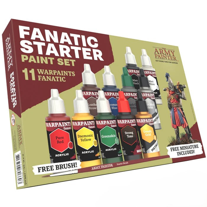 The Army Painter: Warpaints Fanatic Starter Set includes 11 acrylic paints, a brush, and a miniature; packaging shows paint names and a painted warrior.