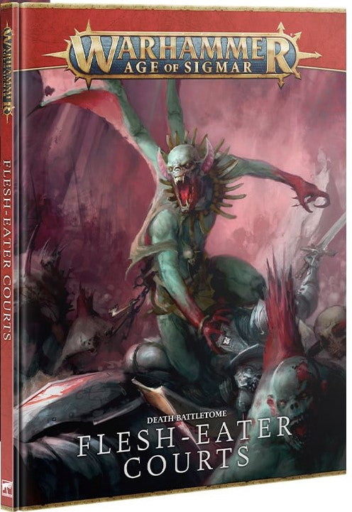 The cover of Warhammer Age of Sigmar: Flesh-Eater Courts Battletome shows a crowned, green-skinned undead creature with sharp claws towering over fallen foes on a dark battlefield.