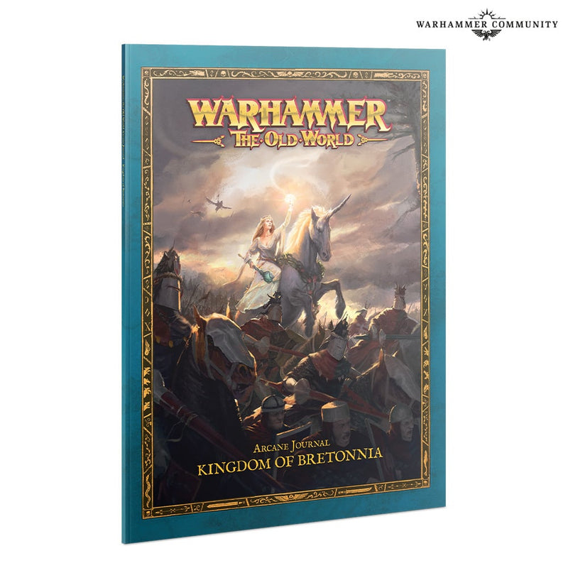The Warhammer The Old World: Arcane Journal - Kingdom of Bretonnia features an armored knight from the Bretonnian Armies leading a charge atop a white horse, with a woman riding behind him, all set against the backdrop of a dramatic battlefield.