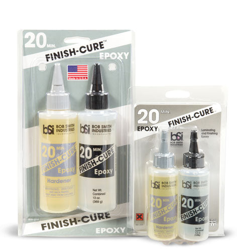 FINISH-CURE™ 20 min. epoxy is an excellent, low odor substitute for polyester resins. It can be used for applying fiberglass cloth to wood or by itself to give wood a surface ready for primer and paint. FINISH-CURE™ can be sanded the easiest of all our epoxies and is excellent for the sheeting of foam core wings. Allow 8 hours for full curing. For best results, FINISH-CURE™ should be heated to a temperature above 85 degrees F or applying light weight fiberglass, lay cloth on balsa first, then brush on FINIS