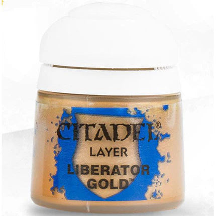 Citadel Layer Paints: Liberator Gold (12ml) is a small plastic pot ideal for miniature painting, featuring a white lid and a blue label with black text.