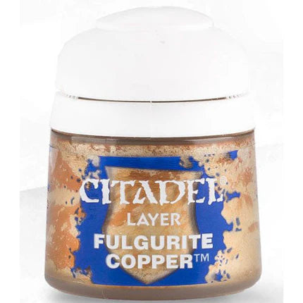 The Citadel Layer Paints: Fulgurite Copper (12ml) has a metallic copper shade in a small pot, white lid, blue and gold branding.