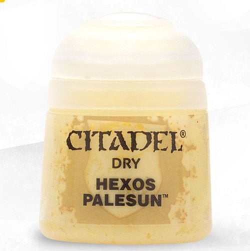 Citadel Dry Paints: Hexos Palesun (12ml) is a small off-white plastic pot with a semi-transparent lid, featuring yellowish marks—perfect for drybrushing effects with Citadel paints.