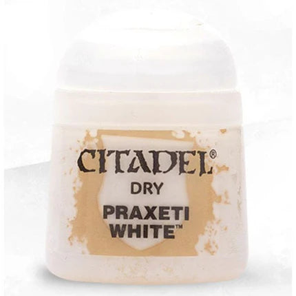 A 12ml pot of Citadel Dry Paints: Praxeti White, ideal for drybrushing, featuring a white cap and worn beige label.
