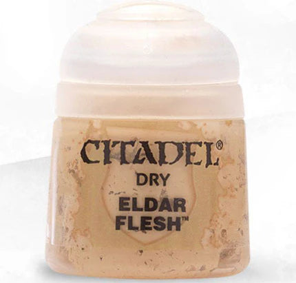 A 12ml container of Citadel Dry Paints: Eldar Flesh, a light beige paint for drybrushing miniatures, in a clear pot with black label.