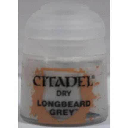 A 12ml pot of Citadel Dry Paints: Longbeard Grey, ideal for drybrushing, features black text on the front with orange paint splatters around it.