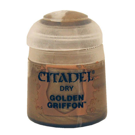 Citadel Dry Paints: Golden Griffon (12ml) is a small plastic pot with clear lid, featuring golden-brown drybrushing paint for miniatures.