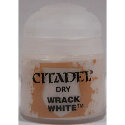 A 12ml container of Citadel Dry Paints: Wrack White, ideal for drybrushing. Rounded translucent lid, bold black text, white paint.