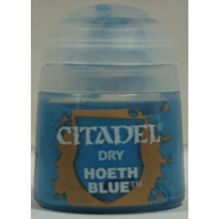 Citadel Dry Paints: Hoeth Blue (12ml) comes in a small plastic pot with a clear lid, blue paint, and gold-blue label for drybrushing.