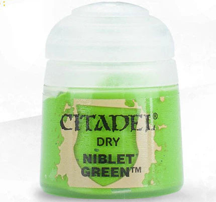 Citadel Dry Paints: Niblet Green (12ml) comes in a small pot with a clear lid and green label showing the brand and color—perfect for drybrushing using Citadel Dry Compounds.