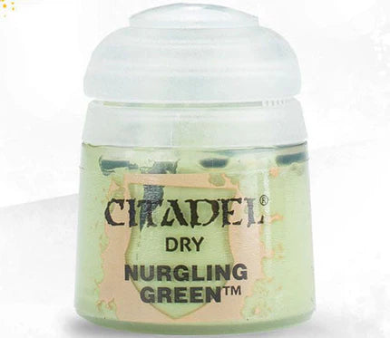 Citadel Dry Paints: Nurgling Green (12ml) is a small pot of light green drybrushing paint with a beige label and black text.