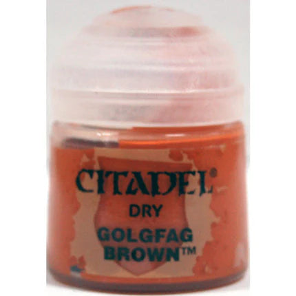 Citadel Dry Paints: Golgfag Brown (12ml) is ideal for drybrushing Citadel miniatures. This orange-brown paint comes in a small pot with a clear plastic lid.