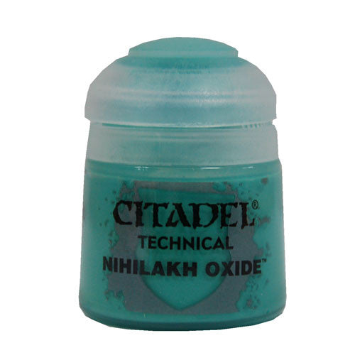 A 12ml pot of Citadel Scenery & Technical Paints: Nihilakh Oxide, turquoise hue and cap, for detailing Games Workshop minis.