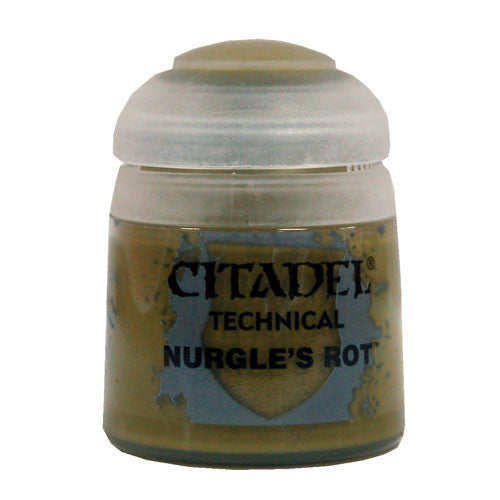 A 12ml pot of Citadel Scenery & Technical Paints: Nurgles Rot, yellowish-green paint visible through a frosted lid.