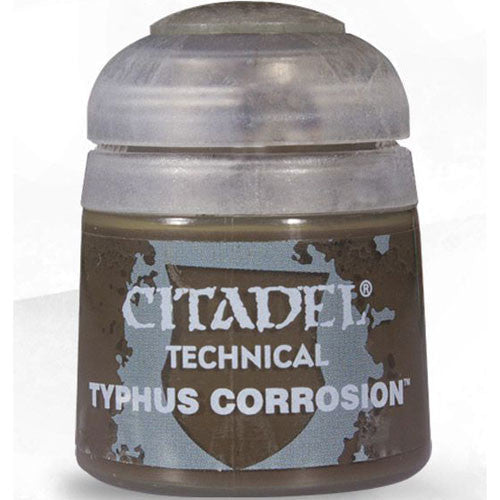 A 12ml Citadel Scenery & Technical Paints: Typhus Corrosion pot from Games Workshop, featuring a gray lid and weathered label—ideal for adding realistic effects to your Citadel miniatures.