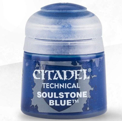A 12ml Citadel Scenery & Technical Paints: Soulstone Blue pot, featuring bright blue paint in a small plastic container with a translucent snap-on lid.