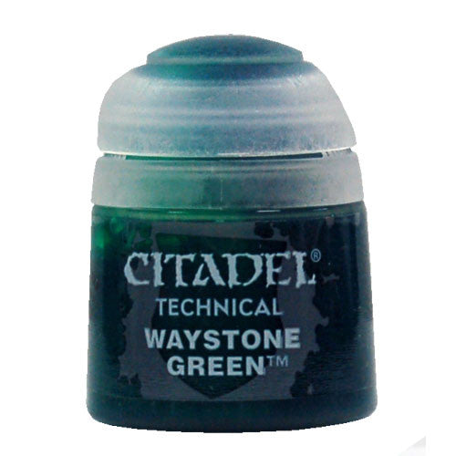 A 12ml pot of Citadel Scenery & Technical Paints: Waystone Green, featuring translucent green paint for miniatures. Clear lid.