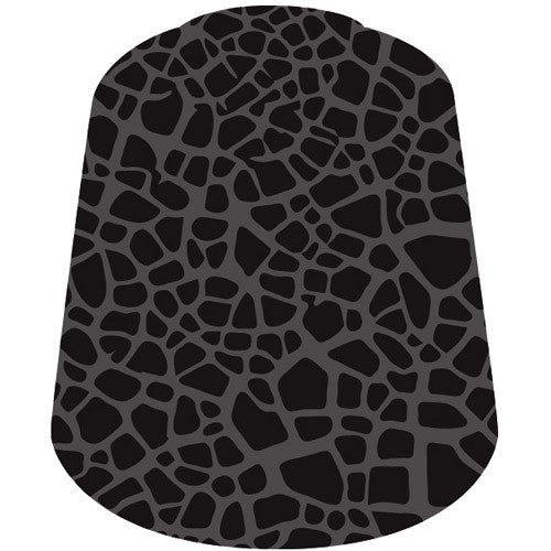 An abstract pattern of irregular black shapes on dark gray, resembling a giraffe or mosaic stone, in a rounded trapezoid—perfect for bases with Citadel Scenery & Technical Paints: Mordant Earth (24ml).