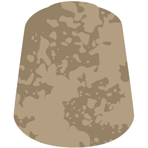 A tan and brown camouflage-patterned, truncated cone shape against a white background—perfect for creating Agrellan Badland effects on Citadel miniatures with Citadel Scenery & Technical Paints: Agrellan Badland (24ml).