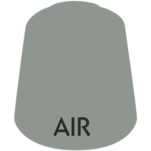 A gray, rounded trapezoid in Administratum Grey, like a Citadel Paint swatch, features "AIR" in black near the bottom center; represents Citadel Air Paints: Administratum Grey (24ml).