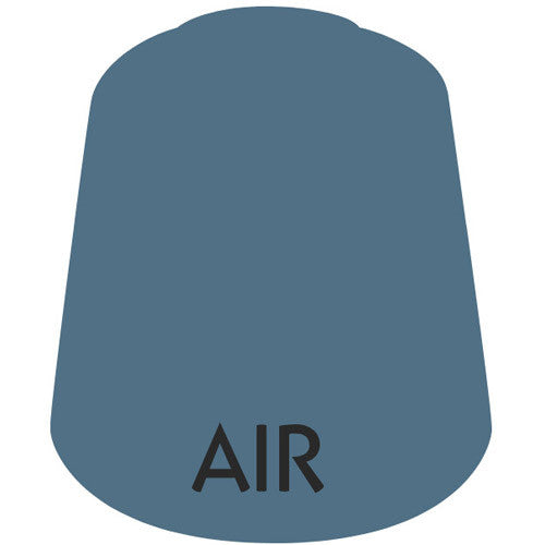 A blue-gray paint swatch labeled "AIR" in black text near the bottom, representing Citadel Air Paints: Russ Grey (24ml), ideal for airbrush use.