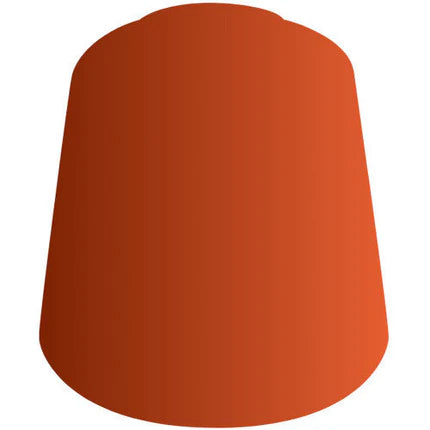 A simple illustration of a red conical shape with a flat top, resembling a fez hat, painted with Citadel Contrast Paints on white.