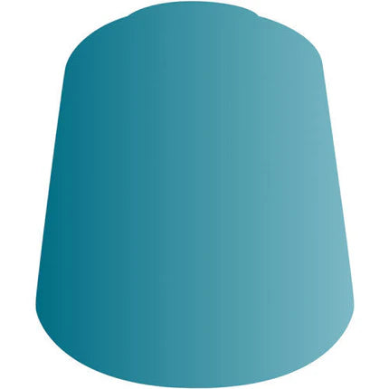 A solid teal, cone-like shape with a flat top against white, evoking the vibrant effects achievable using Citadel Contrast Paints: Aethermatic Blue (18ml).
