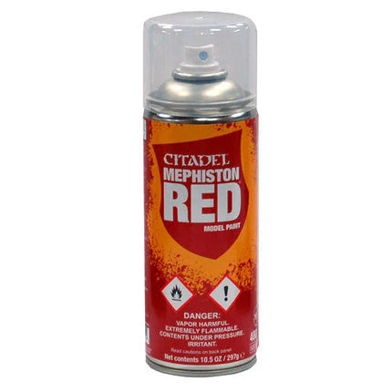 A 400ml can of Citadel Spray Paints: Mephiston Red, with a clear cap and red-orange label. Great for undercoating models.