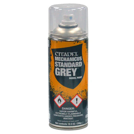 A 400ml can of Citadel Spray Paints: Mechanicus Standard Grey with orange and black hazard-warning label and clear cap over nozzle.