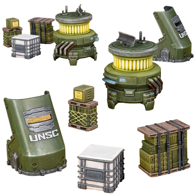 The Halo Flashpoint: UNSC Scenery Set features green and gray sci-fi crates, generators, and equipment with UNSC logos on a white background.
