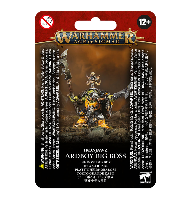 Packaging for Warhammer Age of Sigmar: Orruk Warclans - Ardboy Big Boss shows painted figure, weapons, info, warnings, 40mm base.