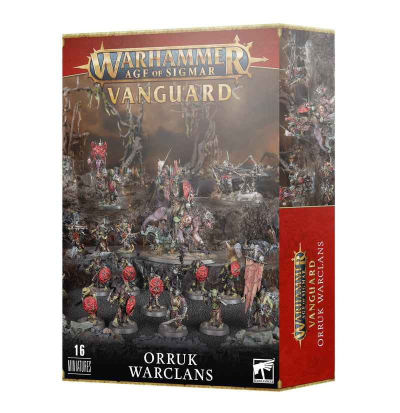 Warhammer Age of Sigmar: Vanguard: Orruk Warclans boxed set with 16 unpainted miniatures and prominent product branding.