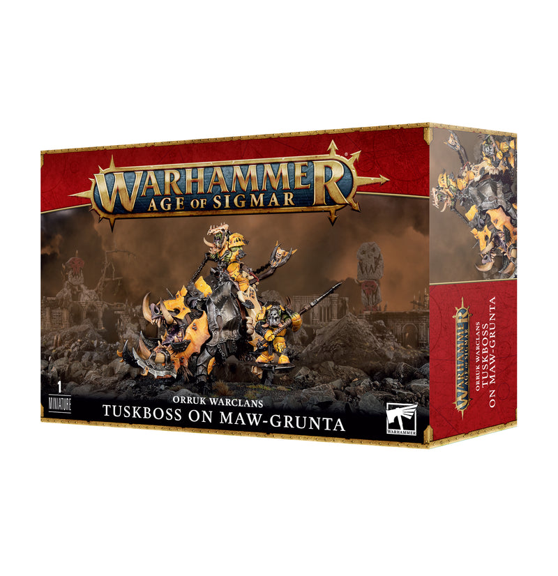 The Warhammer Age of Sigmar: Orruk Warclans - Tuskboss on Maw-Grunta kit includes an unpainted orruk riding a massive Maw-Grunta.
