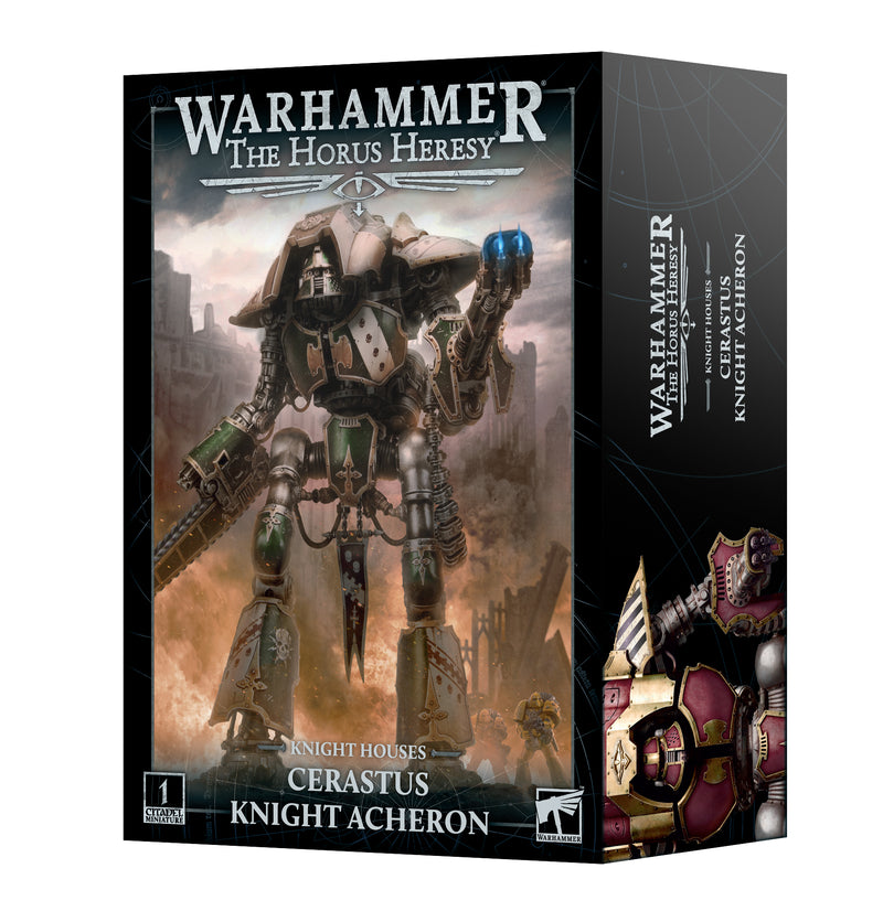 The Horus Heresy Knight Houses: Cerastus Knight Acheron box shows the mech wielding a blue energy weapon in an Age of Darkness battlefield, with product branding and title featured on the front.