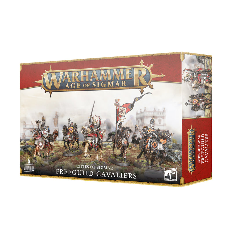 Warhammer Age of Sigmar: Cities of Sigmar - Freeguild Cavaliers box with painted armored knights on horseback, banners, and weapons. Produced by Games Workshop.